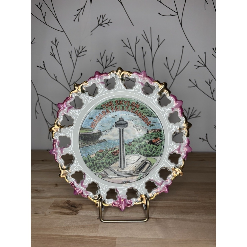 Skylon Niagara Falls Canada Souvenir Decorative Plate Cutout Rim Pink/Gold